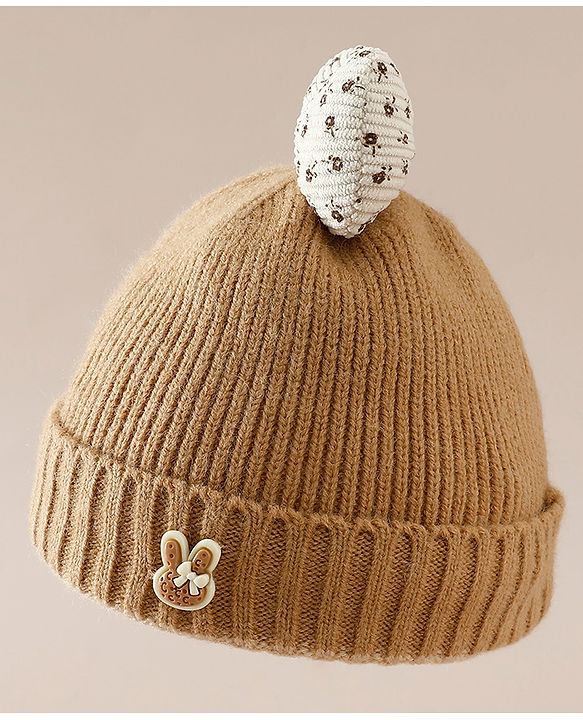 Babyhug Woollen Cap with Bow Applique in Off White - Diameter 15.5 cm