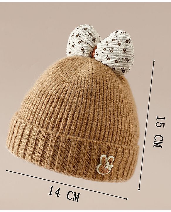 Babyhug Woollen Cap with Bow Applique in Off White - Diameter 15.5 cm