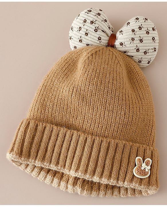 Babyhug Woollen Cap with Bow Applique in Off White - Diameter 15.5 cm