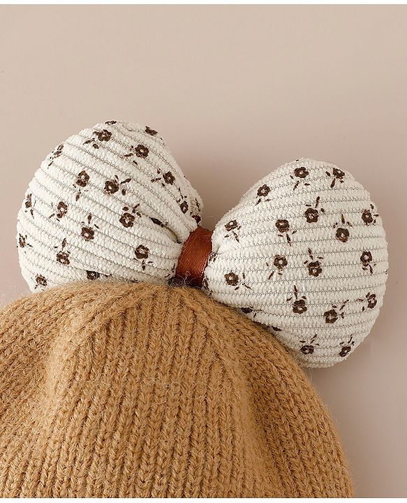 Babyhug Woollen Cap with Bow Applique in Off White - Diameter 15.5 cm