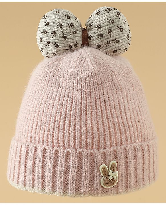 Babyhug Woollen Cap with Bow Applique in Off White - Diameter 15.5 cm