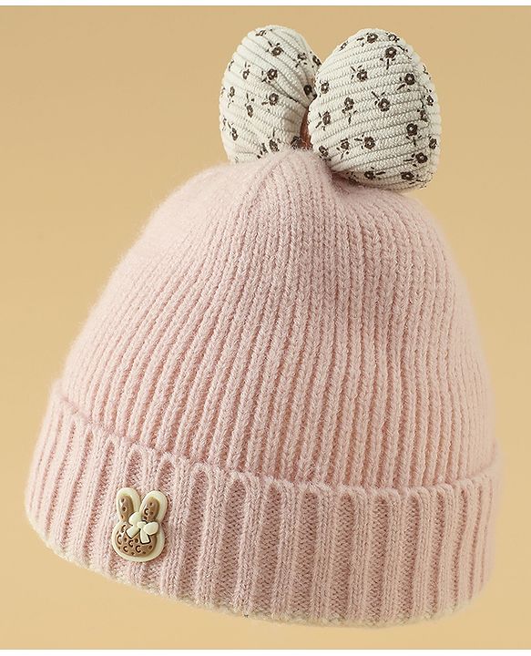 Babyhug Woollen Cap with Bow Applique in Off White - Diameter 15.5 cm