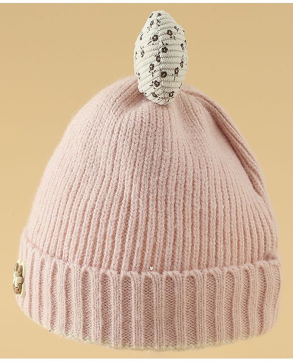 Babyhug Woollen Cap with Bow Applique in Off White - Diameter 15.5 cm