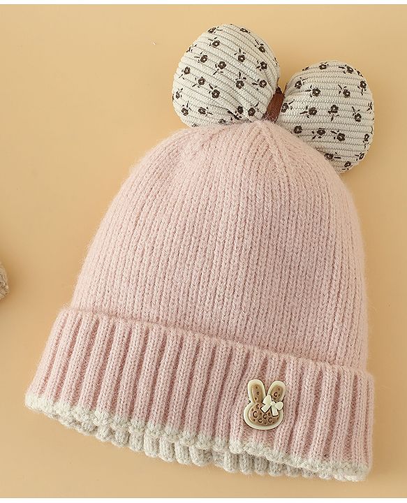 Babyhug Woollen Cap with Bow Applique in Off White - Diameter 15.5 cm