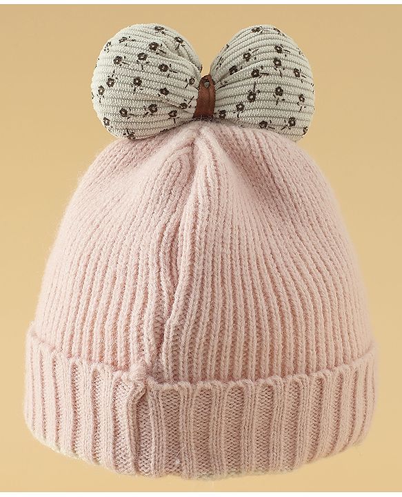 Babyhug Woollen Cap with Bow Applique in Off White - Diameter 15.5 cm