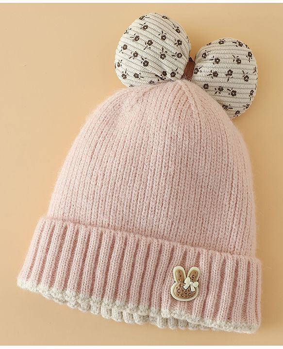 Babyhug Woollen Cap with Bow Applique in Off White - Diameter 15.5 cm