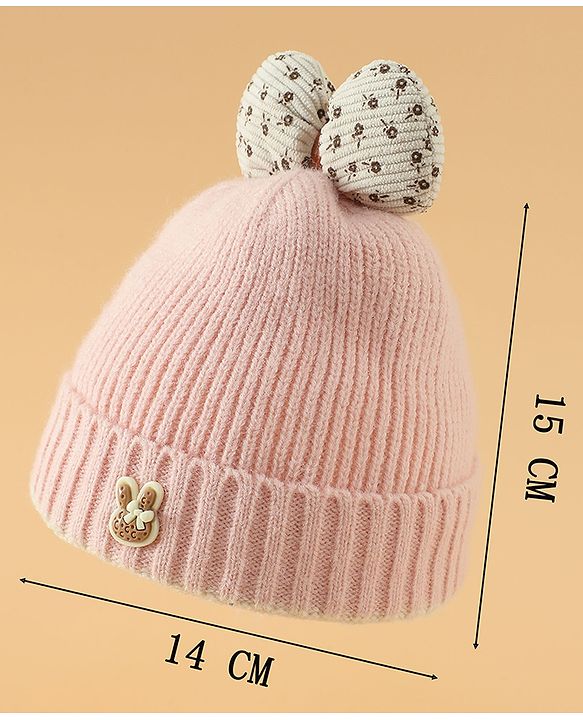 Babyhug Woollen Cap with Bow Applique in Off White - Diameter 15.5 cm