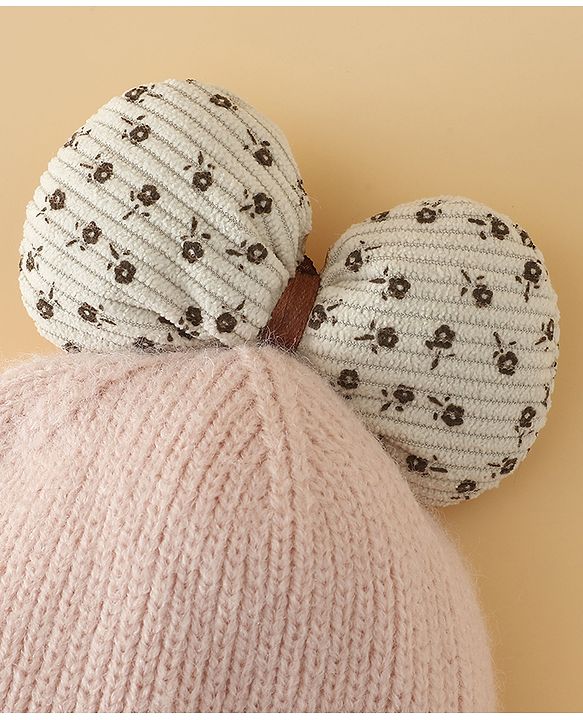 Babyhug Woollen Cap with Bow Applique in Off White - Diameter 15.5 cm