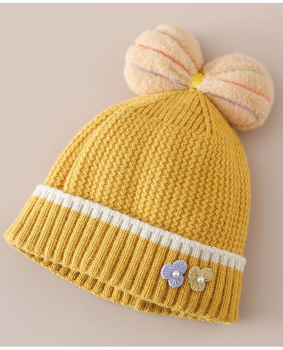 Babyhug Woollen Cap With Floral Applique Bow On Top Yellow - Diameter 9 cm