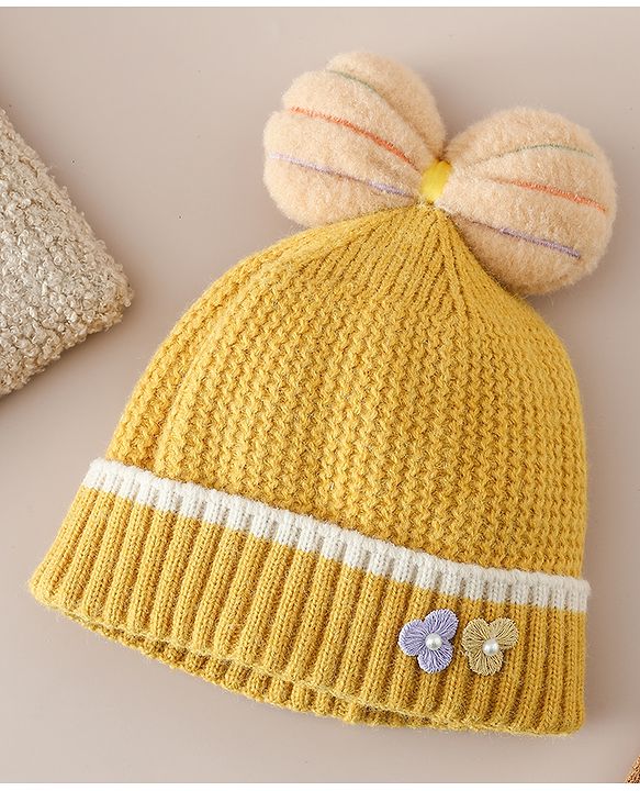 Babyhug Woollen Cap With Floral Applique Bow On Top Yellow - Diameter 9 cm