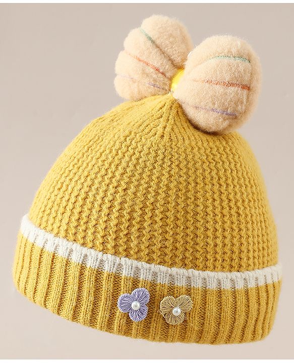 Babyhug Woollen Cap With Floral Applique Bow On Top Yellow - Diameter 9 cm