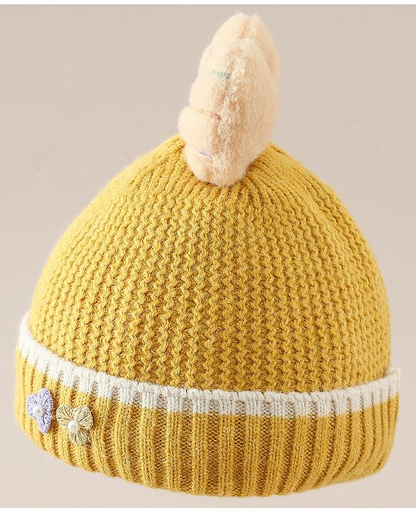 Babyhug Woollen Cap With Floral Applique Bow On Top Yellow - Diameter 9 cm