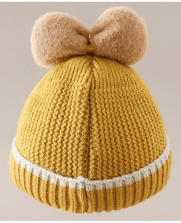 Babyhug Woollen Cap With Floral Applique Bow On Top Yellow - Diameter 9 cm