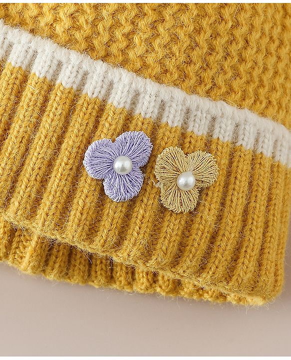 Babyhug Woollen Cap With Floral Applique Bow On Top Yellow - Diameter 9 cm