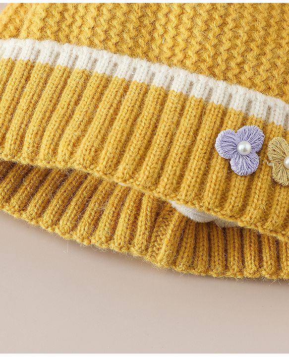 Babyhug Woollen Cap With Floral Applique Bow On Top Yellow - Diameter 9 cm