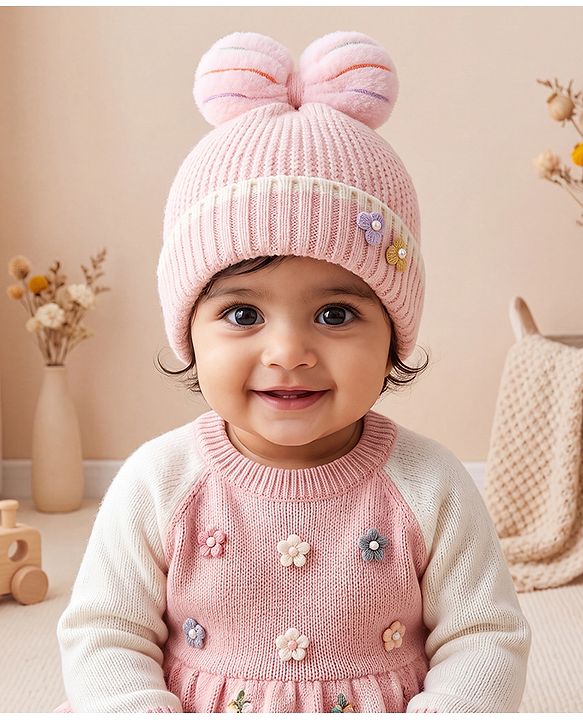 Babyhug Woollen Cap With Floral Applique Bow On Top Yellow - Diameter 9 cm
