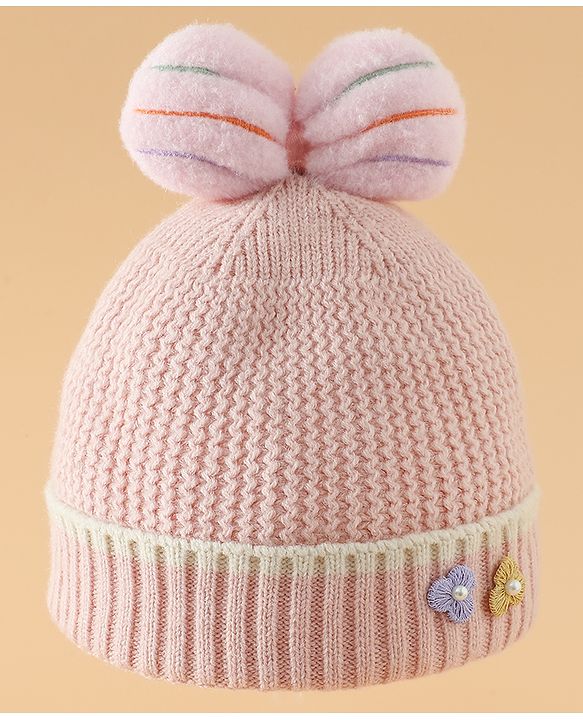 Babyhug Woollen Cap With Floral Applique Bow On Top Yellow - Diameter 9 cm
