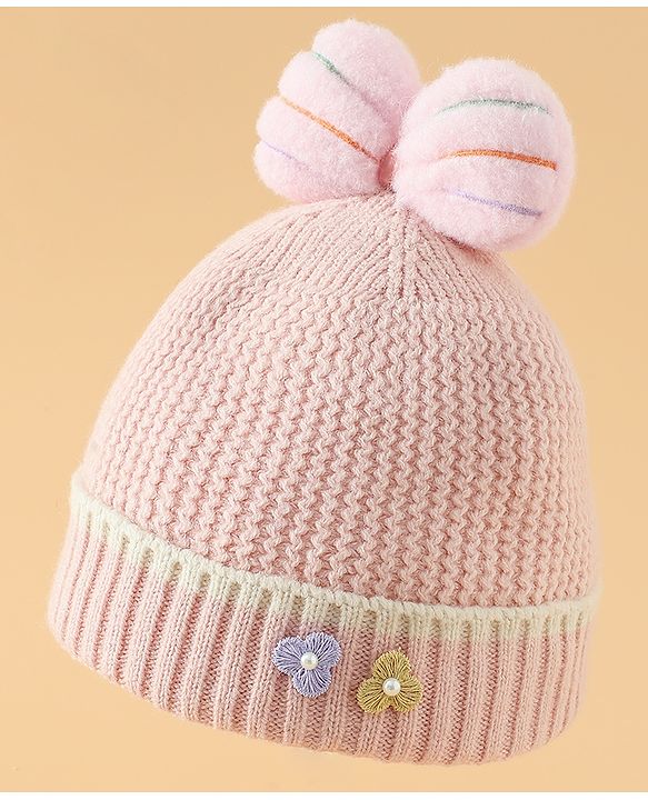 Babyhug Woollen Cap With Floral Applique Bow On Top Yellow - Diameter 9 cm