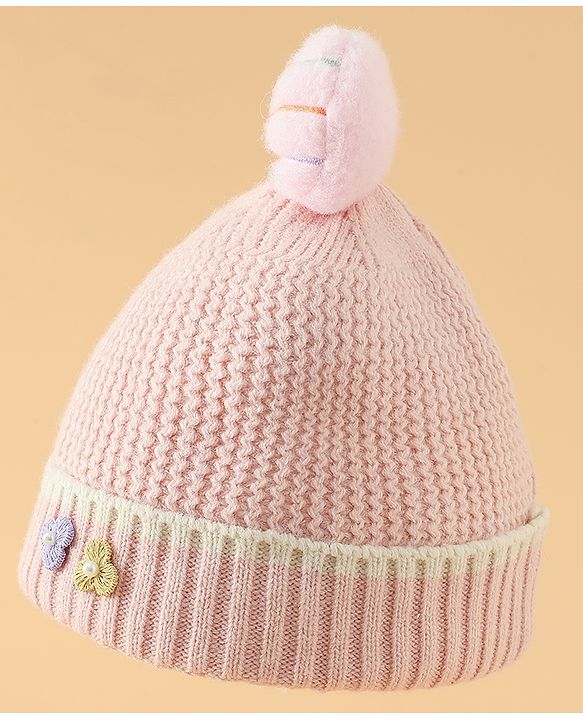 Babyhug Woollen Cap With Floral Applique Bow On Top Yellow - Diameter 9 cm