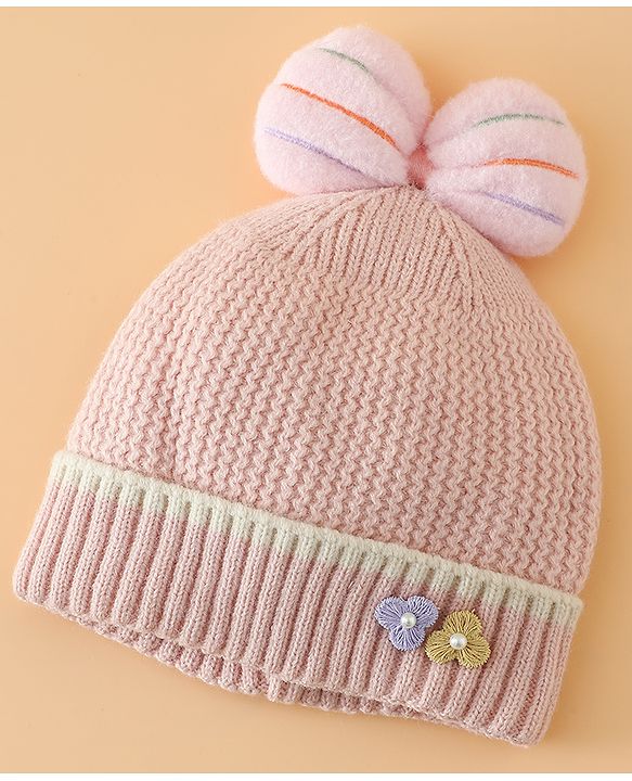 Babyhug Woollen Cap With Floral Applique Bow On Top Yellow - Diameter 9 cm