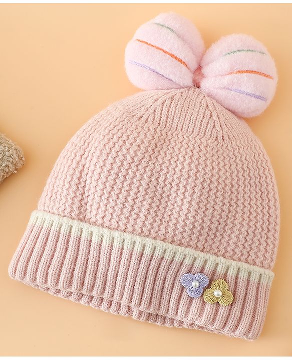 Babyhug Woollen Cap With Floral Applique Bow On Top Yellow - Diameter 9 cm