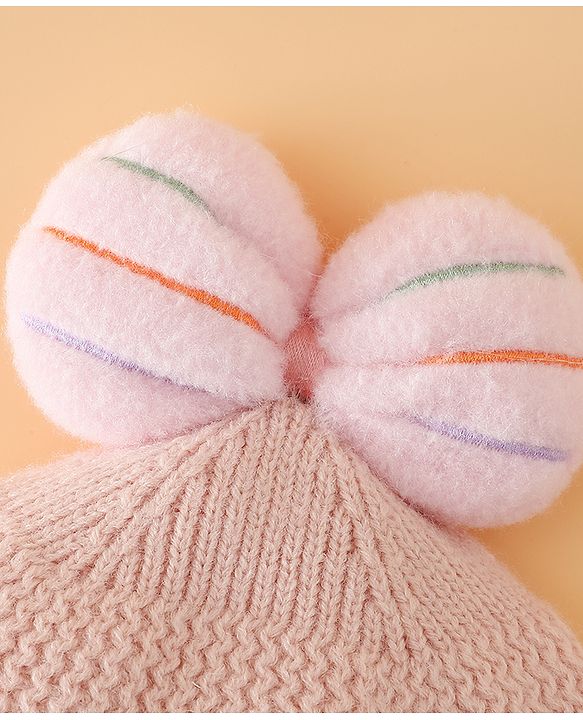 Babyhug Woollen Cap With Floral Applique Bow On Top Yellow - Diameter 9 cm