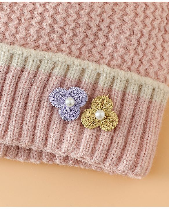 Babyhug Woollen Cap With Floral Applique Bow On Top Yellow - Diameter 9 cm