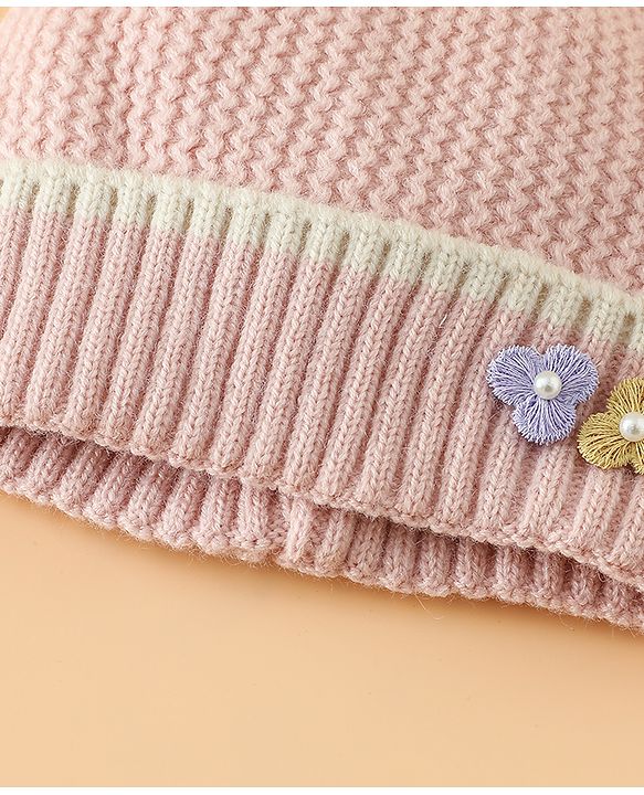 Babyhug Woollen Cap With Floral Applique Bow On Top Yellow - Diameter 9 cm