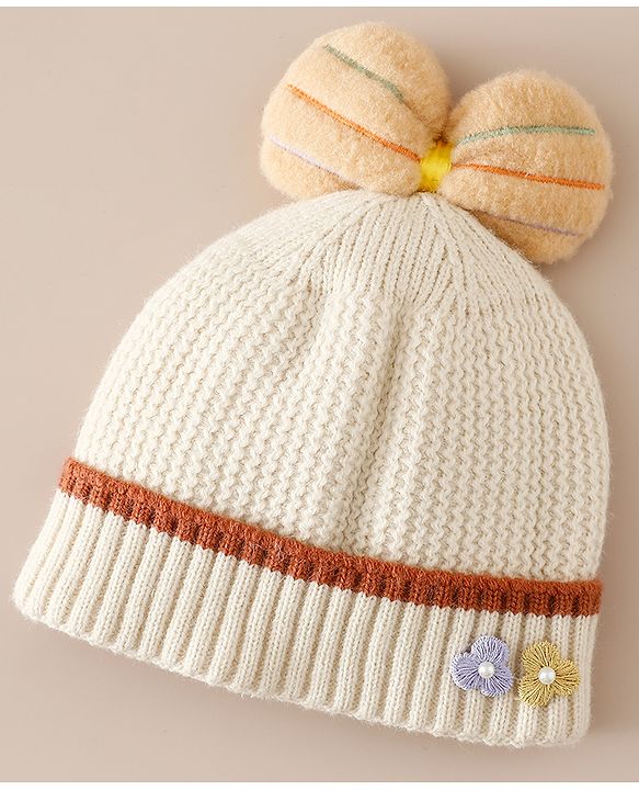 Babyhug Woollen Cap With Floral Applique Bow On Top Yellow - Diameter 9 cm