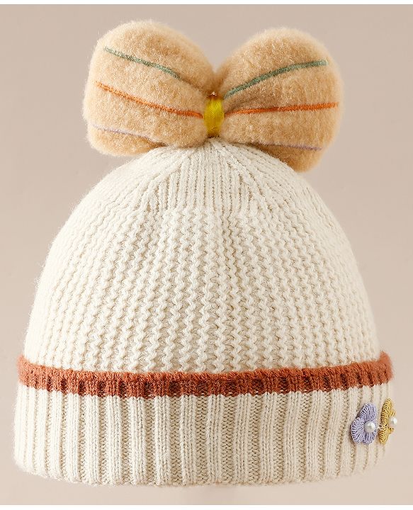 Babyhug Woollen Cap With Floral Applique Bow On Top Yellow - Diameter 9 cm