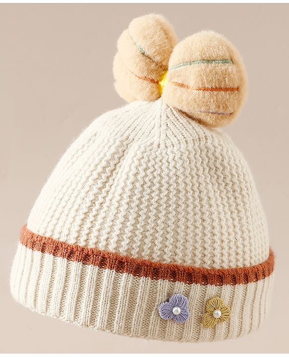Babyhug Woollen Cap With Floral Applique Bow On Top Yellow - Diameter 9 cm