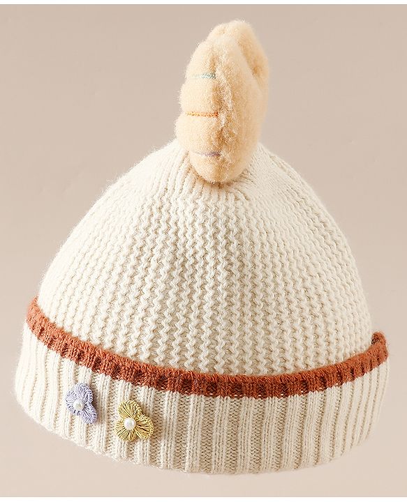 Babyhug Woollen Cap With Floral Applique Bow On Top Yellow - Diameter 9 cm