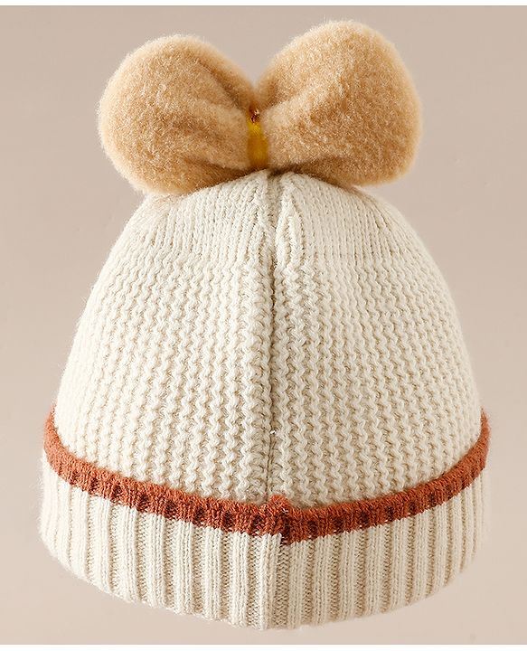 Babyhug Woollen Cap With Floral Applique Bow On Top Yellow - Diameter 9 cm
