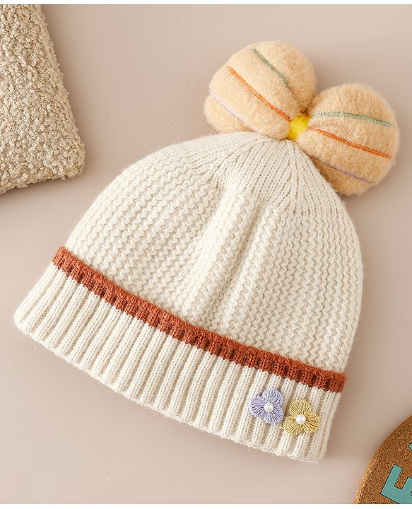 Babyhug Woollen Cap With Floral Applique Bow On Top Yellow - Diameter 9 cm
