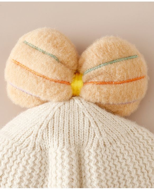 Babyhug Woollen Cap With Floral Applique Bow On Top Yellow - Diameter 9 cm