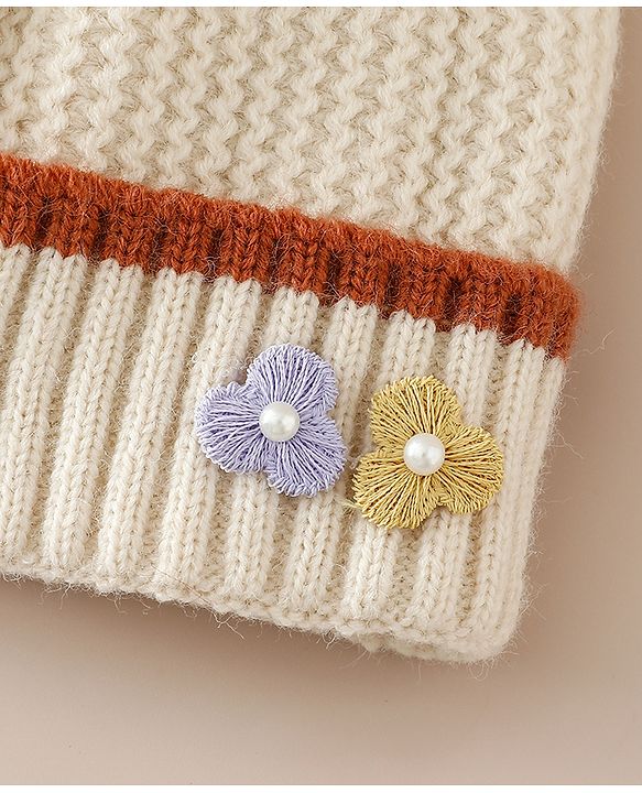 Babyhug Woollen Cap With Floral Applique Bow On Top Yellow - Diameter 9 cm