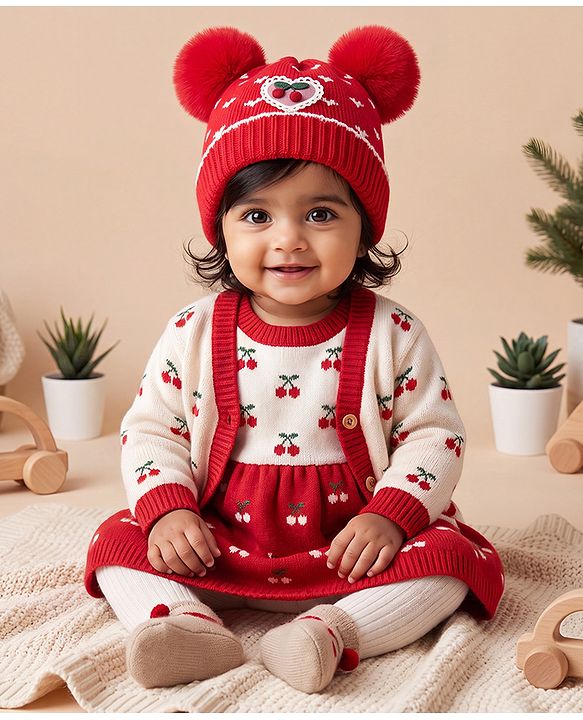 Babyhug Woollen Pom Pom Cap With Heart Print Red Diameter 11 cm