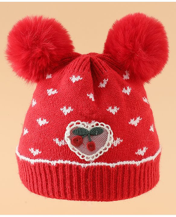 Babyhug Woollen Pom Pom Cap With Heart Print Red Diameter 11 cm