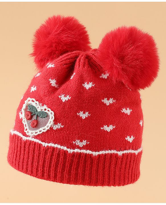 Babyhug Woollen Pom Pom Cap With Heart Print Red Diameter 11 cm