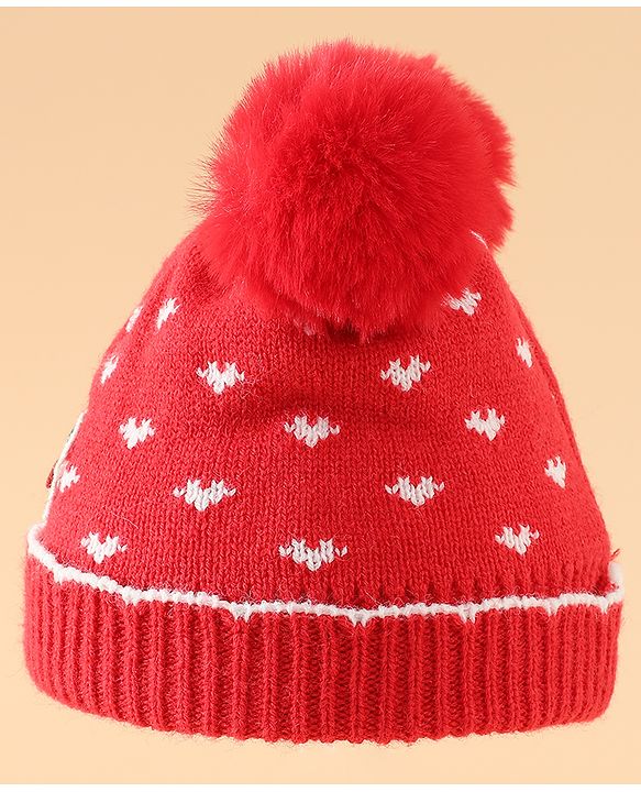 Babyhug Woollen Pom Pom Cap With Heart Print Red Diameter 11 cm