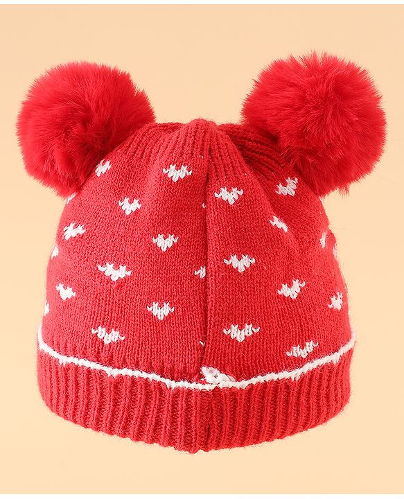 Babyhug Woollen Pom Pom Cap With Heart Print Red Diameter 11 cm