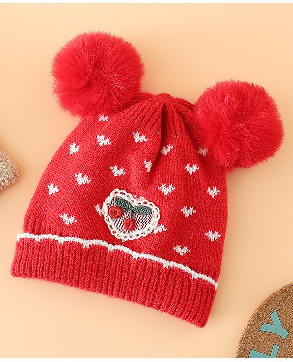 Babyhug Woollen Pom Pom Cap With Heart Print Red Diameter 11 cm