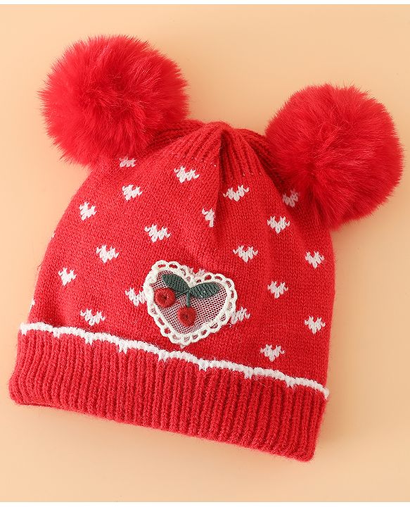 Babyhug Woollen Pom Pom Cap With Heart Print Red Diameter 11 cm