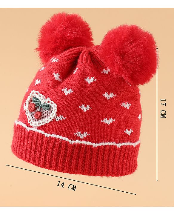 Babyhug Woollen Pom Pom Cap With Heart Print Red Diameter 11 cm