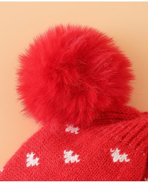 Babyhug Woollen Pom Pom Cap With Heart Print Red Diameter 11 cm