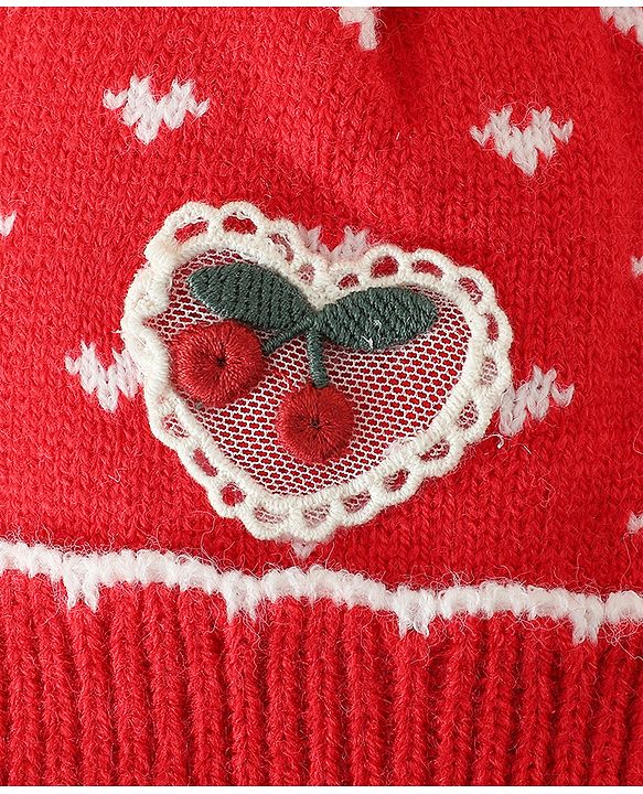 Babyhug Woollen Pom Pom Cap With Heart Print Red Diameter 11 cm