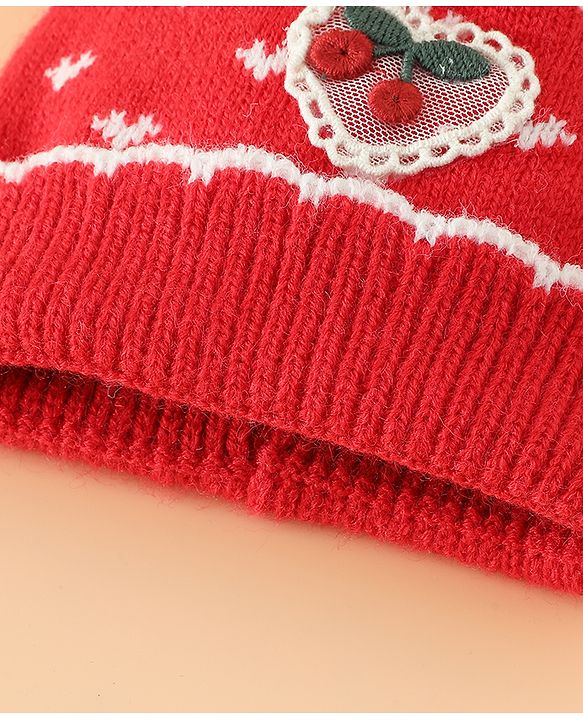 Babyhug Woollen Pom Pom Cap With Heart Print Red Diameter 11 cm
