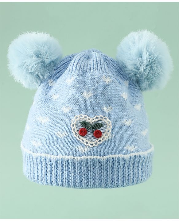 Babyhug Woollen Pom Pom Cap With Heart Print Red Diameter 11 cm