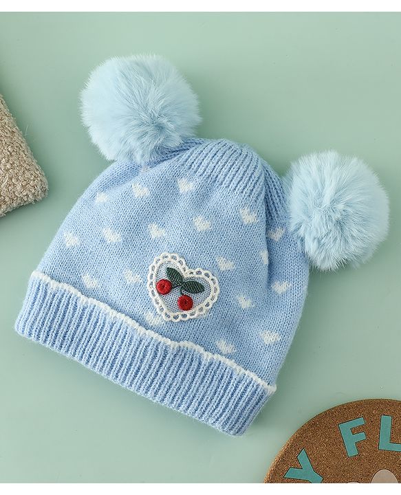 Babyhug Woollen Pom Pom Cap With Heart Print Red Diameter 11 cm