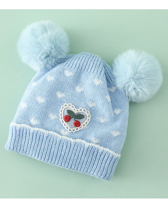Babyhug Woollen Pom Pom Cap With Heart Print Red Diameter 11 cm